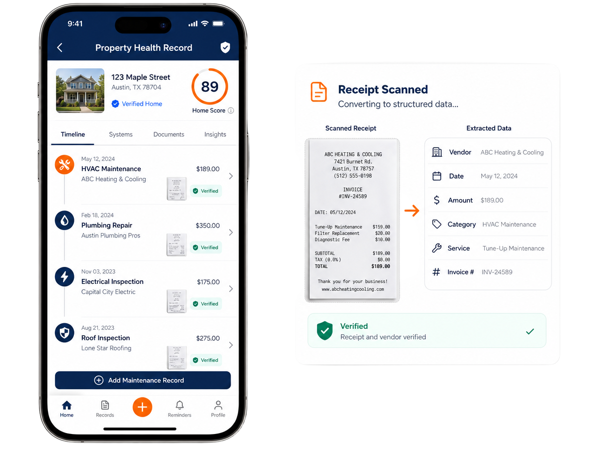 Propefi app showing a property health record timeline and a scanned receipt converted into structured data