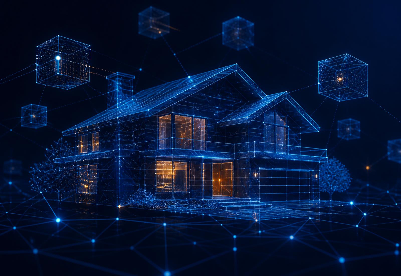 Digital wireframe of a home connected to a blockchain data network
